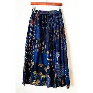 Blue Patchwork Maxi Skirt boho Rayon XS/S 26" Waist